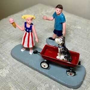 Lemax Summer 4th of July Set of 3 Figurines Girl, Dog in Wagon, Waving Boy